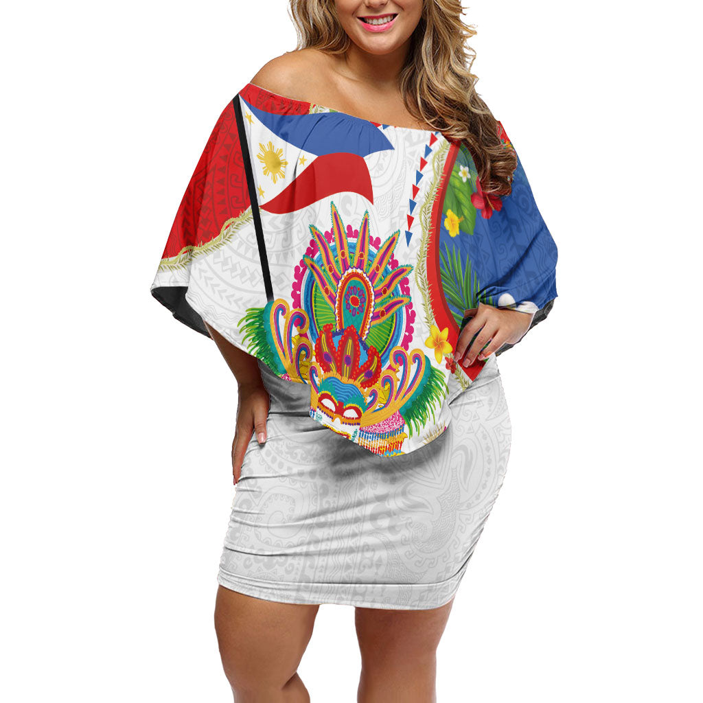 Philippines MassKara Festival Off Shoulder Short Dress Smile Masks with Hawaiian Art Pattern and Tropical Plants