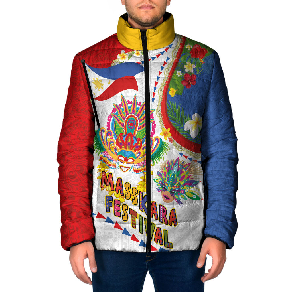 Philippines MassKara Festival Padded Jacket Smile Masks with Hawaiian Art Pattern and Tropical Plants LT03 Men Multicolor - Polynesian Pride
