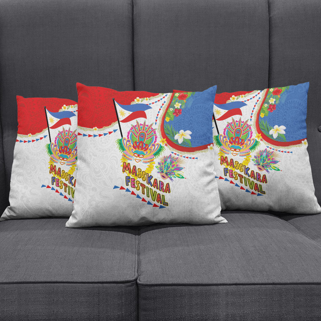 Philippines MassKara Festival Pillow Cover Smile Masks with Hawaiian Art Pattern and Tropical Plants