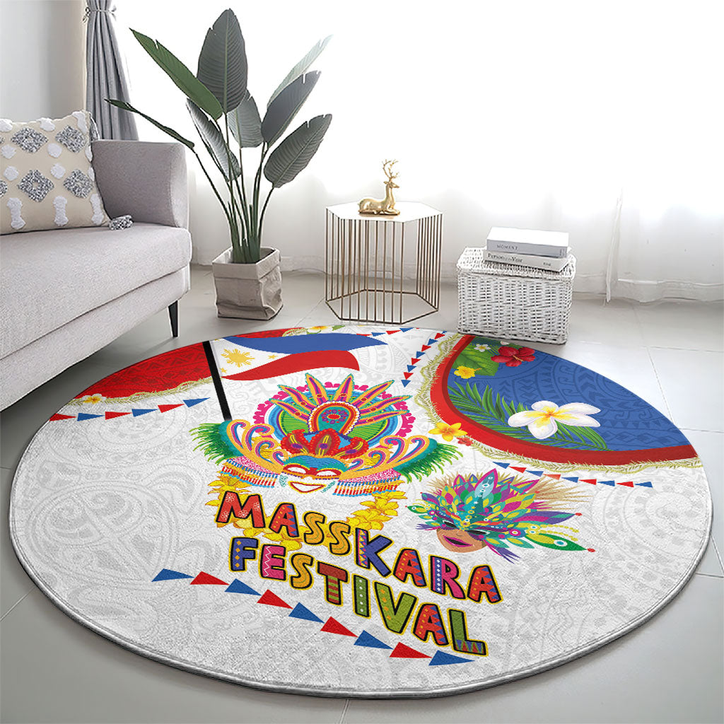 Philippines MassKara Festival Round Carpet Smile Masks with Hawaiian Art Pattern and Tropical Plants