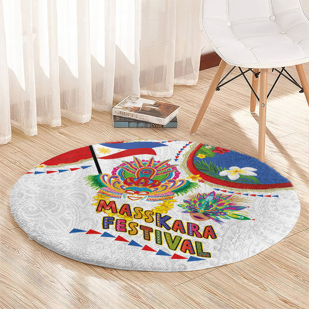 Philippines MassKara Festival Round Carpet Smile Masks with Hawaiian Art Pattern and Tropical Plants