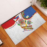 Philippines MassKara Festival Rubber Doormat Smile Masks with Hawaiian Art Pattern and Tropical Plants