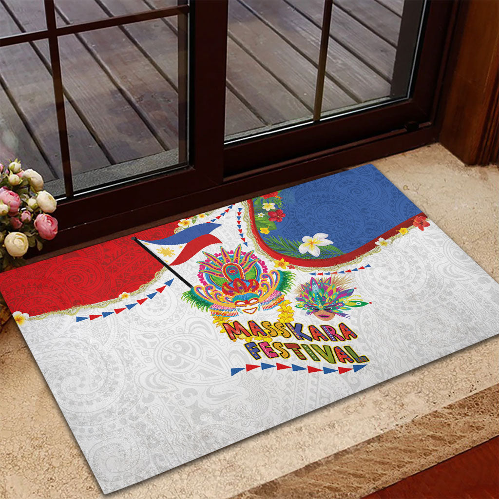 Philippines MassKara Festival Rubber Doormat Smile Masks with Hawaiian Art Pattern and Tropical Plants