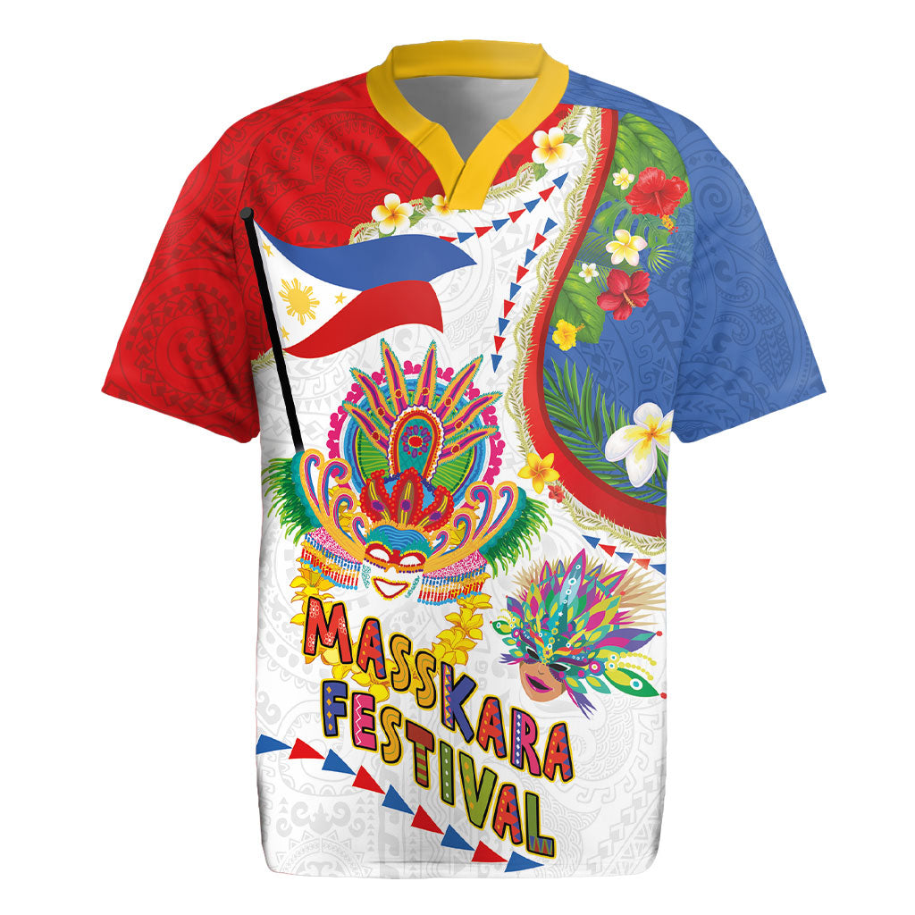 Philippines MassKara Festival Rugby Jersey Smile Masks with Hawaiian Art Pattern and Tropical Plants LT03 Multicolor - Polynesian Pride