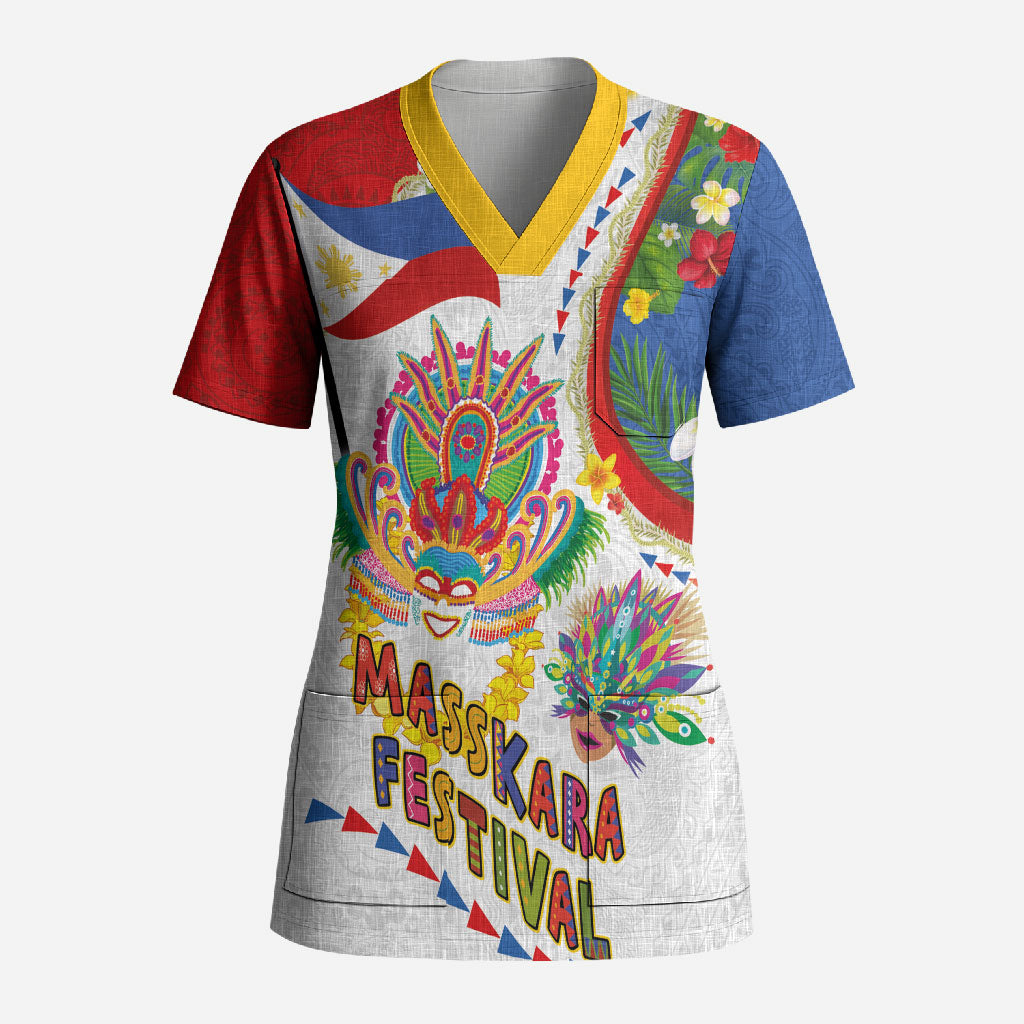 Philippines MassKara Festival Scrub Top Smile Masks with Hawaiian Art Pattern and Tropical Plants LT03 Adult Multicolor - Polynesian Pride