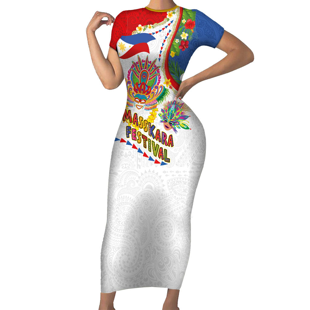 Philippines MassKara Festival Short Sleeve Bodycon Dress Smile Masks with Hawaiian Art Pattern and Tropical Plants LT03 Long Dress Multicolor - Polynesian Pride