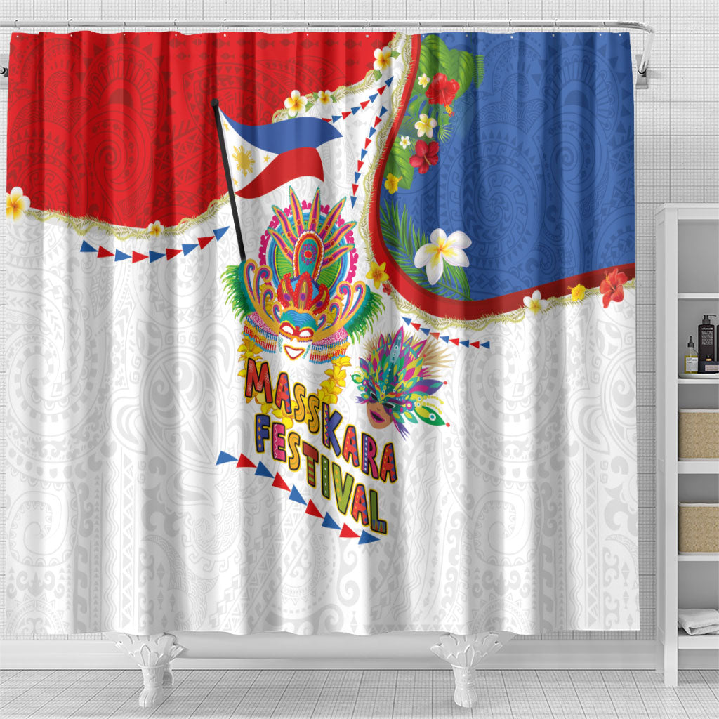 Philippines MassKara Festival Shower Curtain Smile Masks with Hawaiian Art Pattern and Tropical Plants