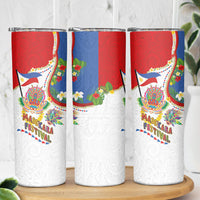 Philippines MassKara Festival Skinny Tumbler Smile Masks with Hawaiian Art Pattern and Tropical Plants