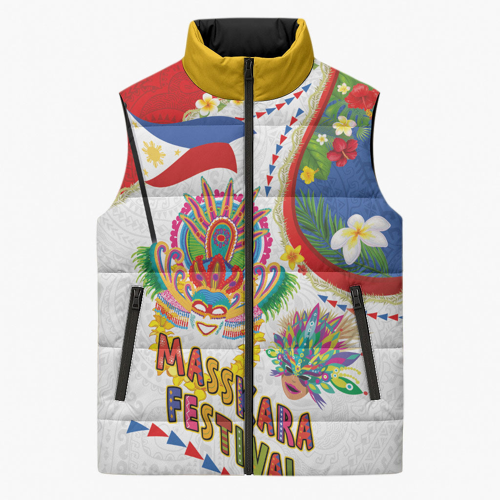 Philippines MassKara Festival Sleeveless Puffer Jacket Smile Masks with Hawaiian Art Pattern and Tropical Plants