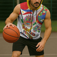 Philippines MassKara Festival Sleeveless Zip Hoodie Smile Masks with Hawaiian Art Pattern and Tropical Plants