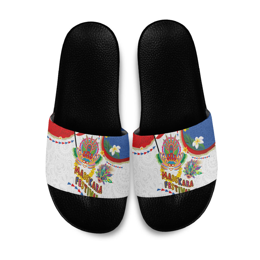 Philippines MassKara Festival Slide Sandals Smile Masks with Hawaiian Art Pattern and Tropical Plants LT03 Multicolor - Polynesian Pride