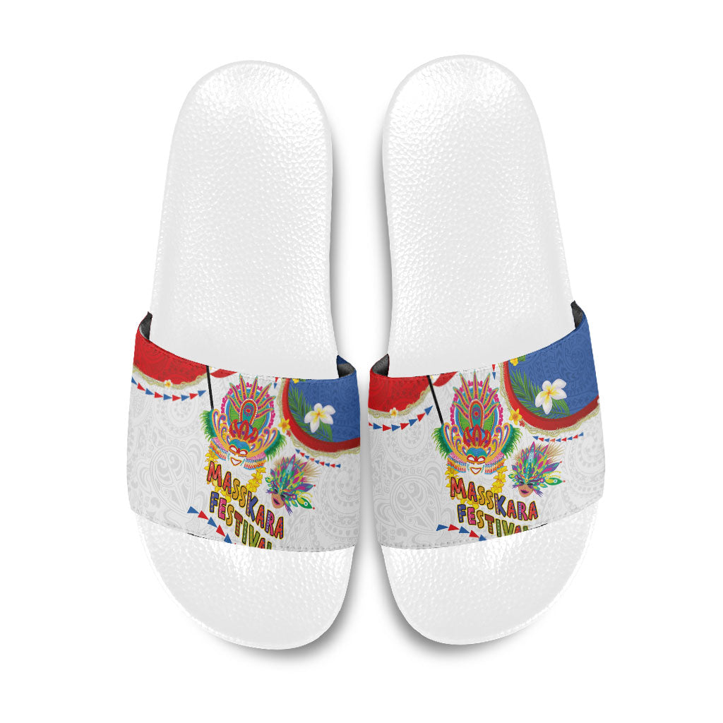Philippines MassKara Festival Slide Sandals Smile Masks with Hawaiian Art Pattern and Tropical Plants