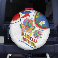 Philippines MassKara Festival Spare Tire Cover Smile Masks with Hawaiian Art Pattern and Tropical Plants