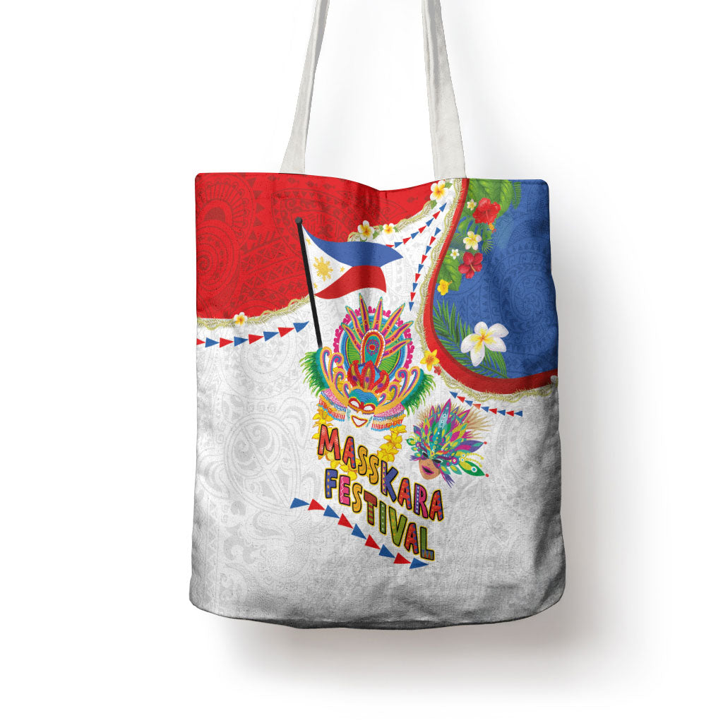 Philippines MassKara Festival Tote Bag Smile Masks with Hawaiian Art Pattern and Tropical Plants