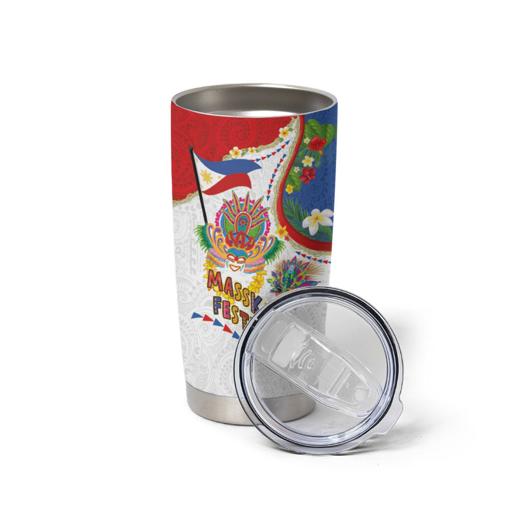 Philippines MassKara Festival Tumbler Cup Smile Masks with Hawaiian Art Pattern and Tropical Plants