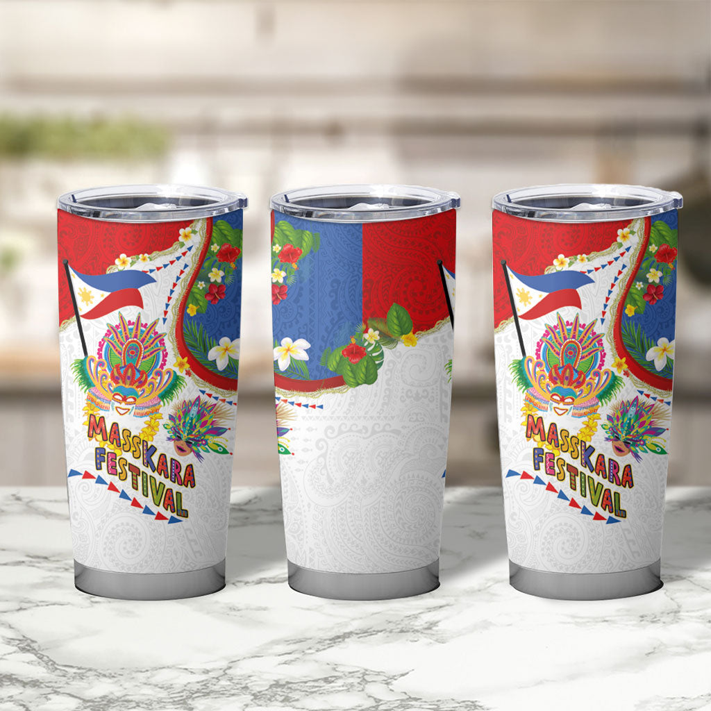 Philippines MassKara Festival Tumbler Cup Smile Masks with Hawaiian Art Pattern and Tropical Plants