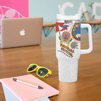 Philippines MassKara Festival Tumbler With Handle Smile Masks with Hawaiian Art Pattern and Tropical Plants
