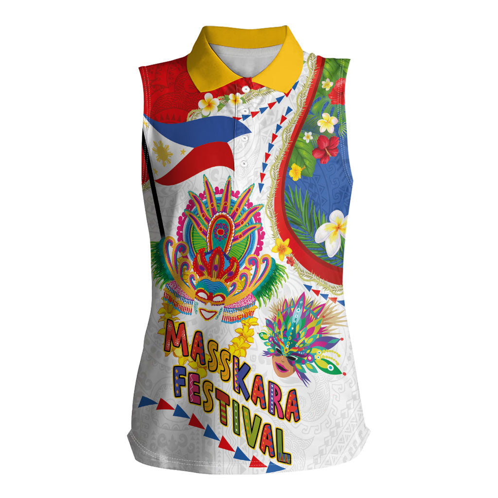 Philippines MassKara Festival Women Sleeveless Polo Shirt Smile Masks with Hawaiian Art Pattern and Tropical Plants