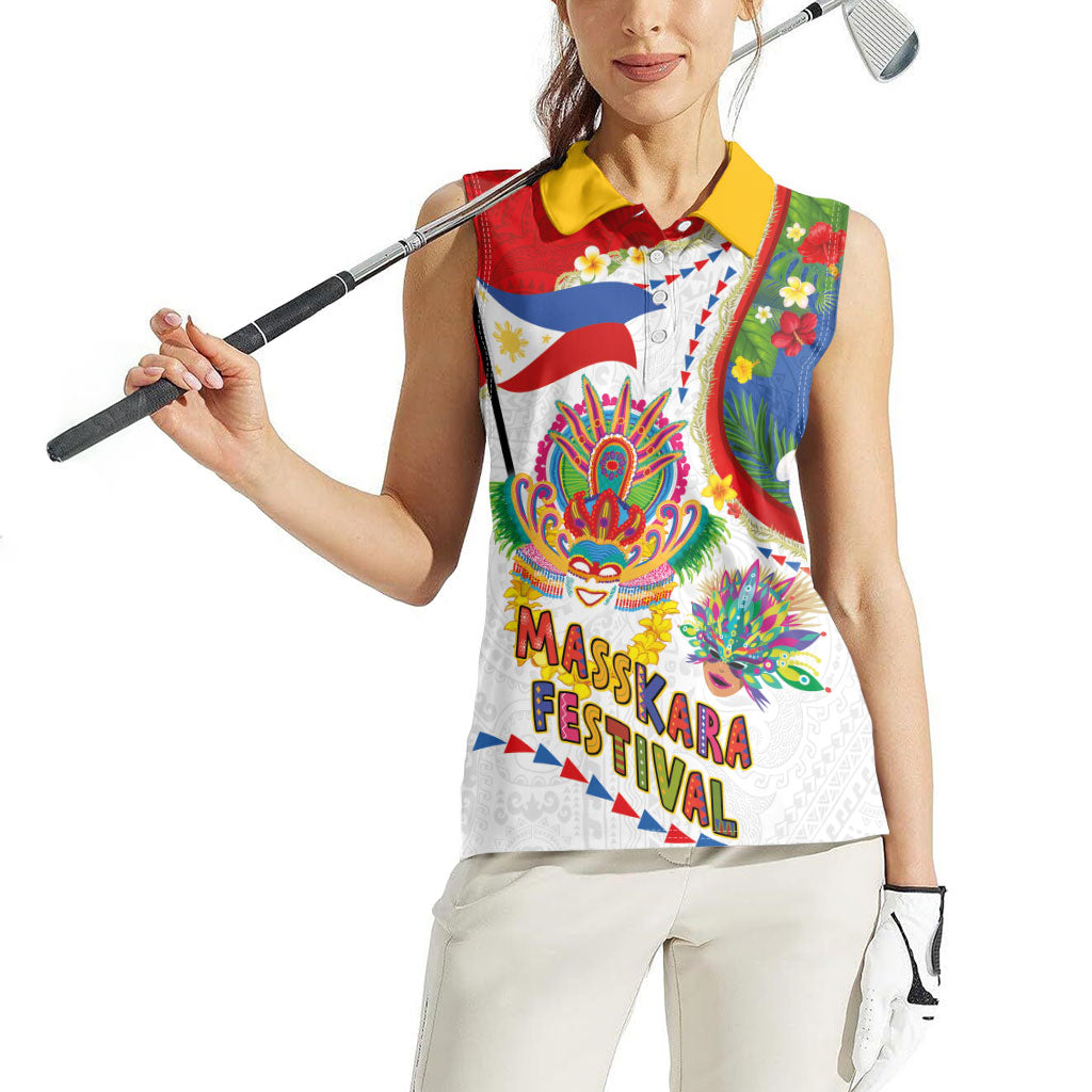 Philippines MassKara Festival Women Sleeveless Polo Shirt Smile Masks with Hawaiian Art Pattern and Tropical Plants