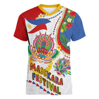 Philippines MassKara Festival Women V-Neck T-Shirt Smile Masks with Hawaiian Art Pattern and Tropical Plants