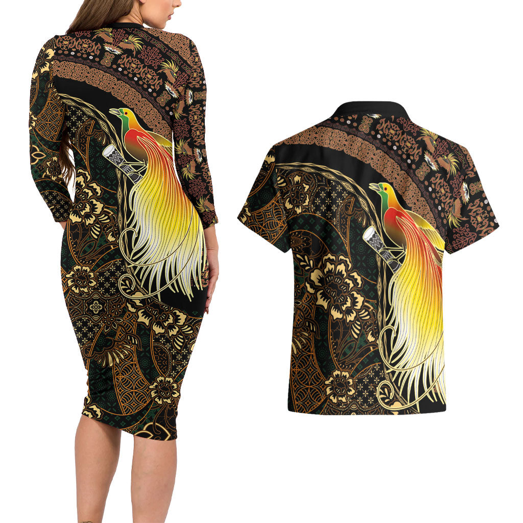 Papua New Guinea and Indonesia Batik Couples Matching Long Sleeve Bodycon Dress and Hawaiian Shirt Bird of Paradise with Tribal Batik Patterns