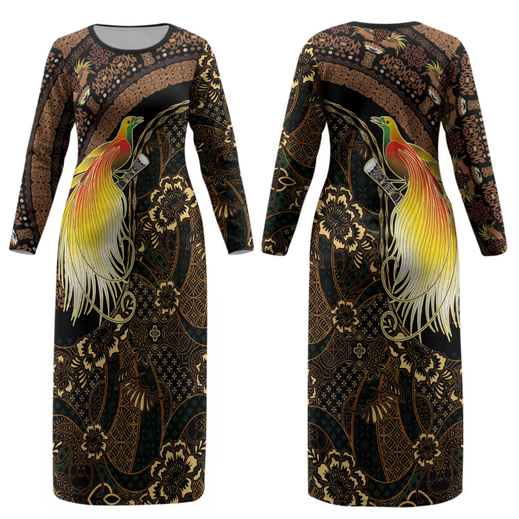 Papua New Guinea and Indonesia Batik Couples Matching Long Sleeve Bodycon Dress and Hawaiian Shirt Bird of Paradise with Tribal Batik Patterns LT03 - Polynesian Pride