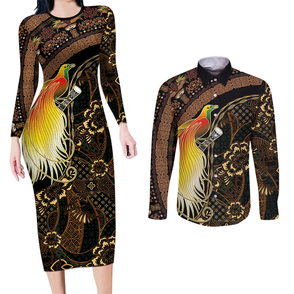 Papua New Guinea and Indonesia Batik Couples Matching Long Sleeve Bodycon Dress and Long Sleeve Button Shirt Bird of Paradise with Tribal Batik Patterns