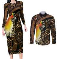 Papua New Guinea and Indonesia Batik Couples Matching Long Sleeve Bodycon Dress and Long Sleeve Button Shirt Bird of Paradise with Tribal Batik Patterns