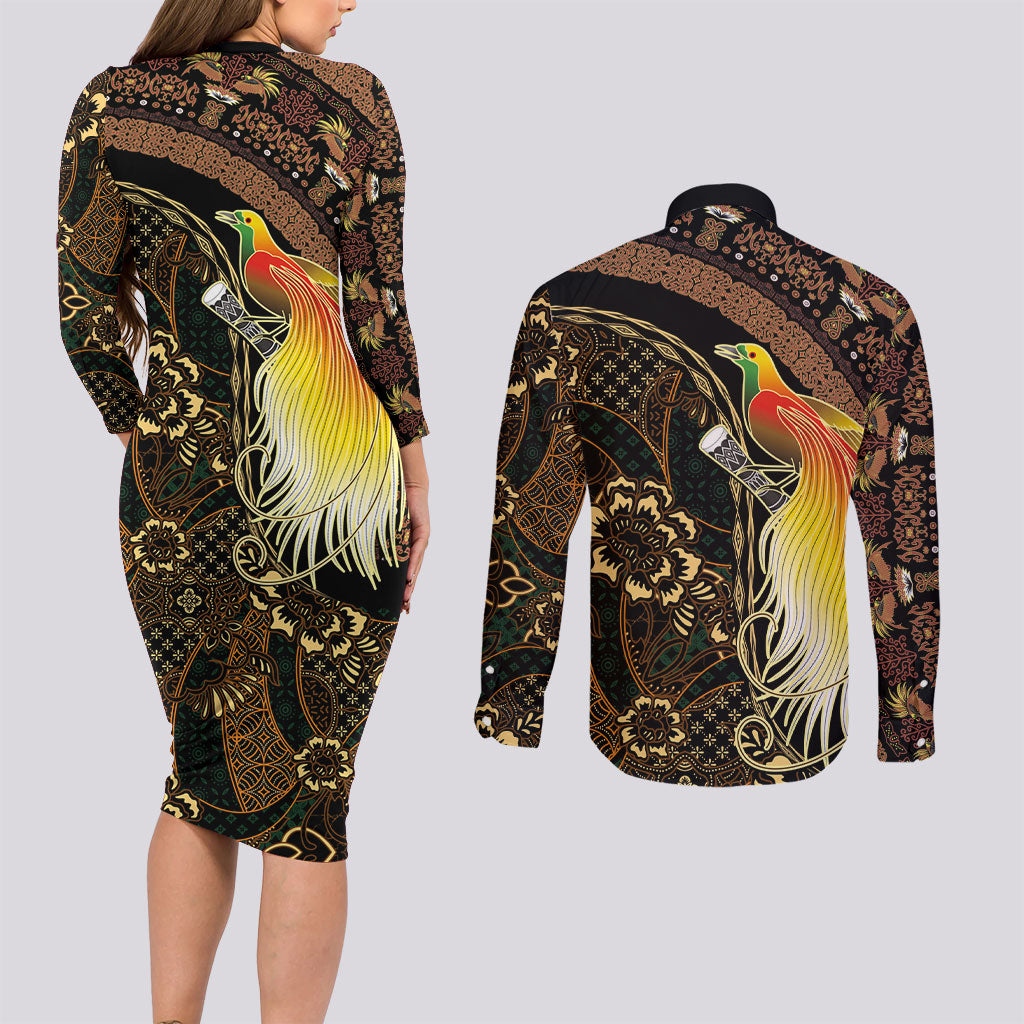 Papua New Guinea and Indonesia Batik Couples Matching Long Sleeve Bodycon Dress and Long Sleeve Button Shirt Bird of Paradise with Tribal Batik Patterns
