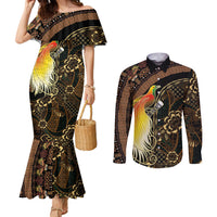 Papua New Guinea and Indonesia Batik Couples Matching Mermaid Dress and Long Sleeve Button Shirt Bird of Paradise with Tribal Batik Patterns