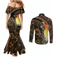 Papua New Guinea and Indonesia Batik Couples Matching Mermaid Dress and Long Sleeve Button Shirt Bird of Paradise with Tribal Batik Patterns