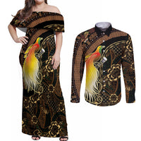 Papua New Guinea and Indonesia Batik Couples Matching Off Shoulder Maxi Dress and Long Sleeve Button Shirt Bird of Paradise with Tribal Batik Patterns
