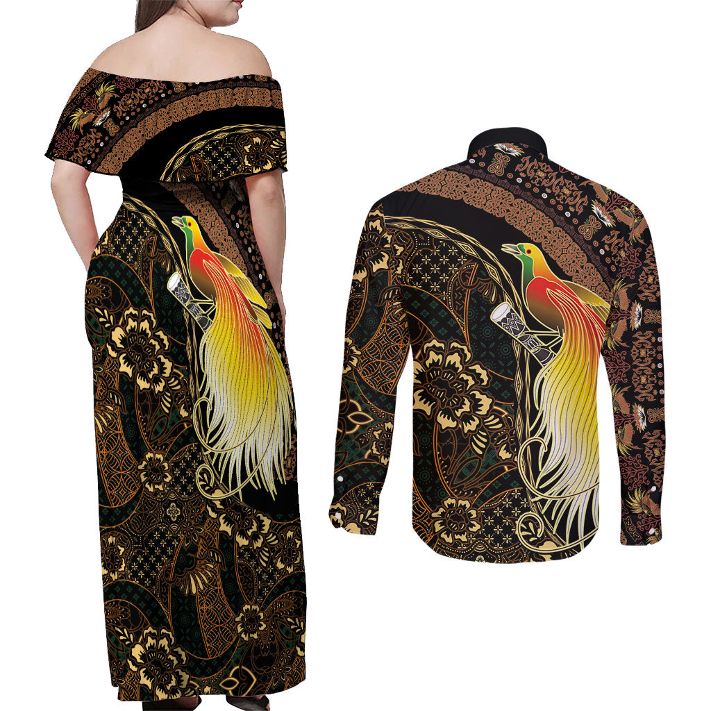Papua New Guinea and Indonesia Batik Couples Matching Off Shoulder Maxi Dress and Long Sleeve Button Shirt Bird of Paradise with Tribal Batik Patterns