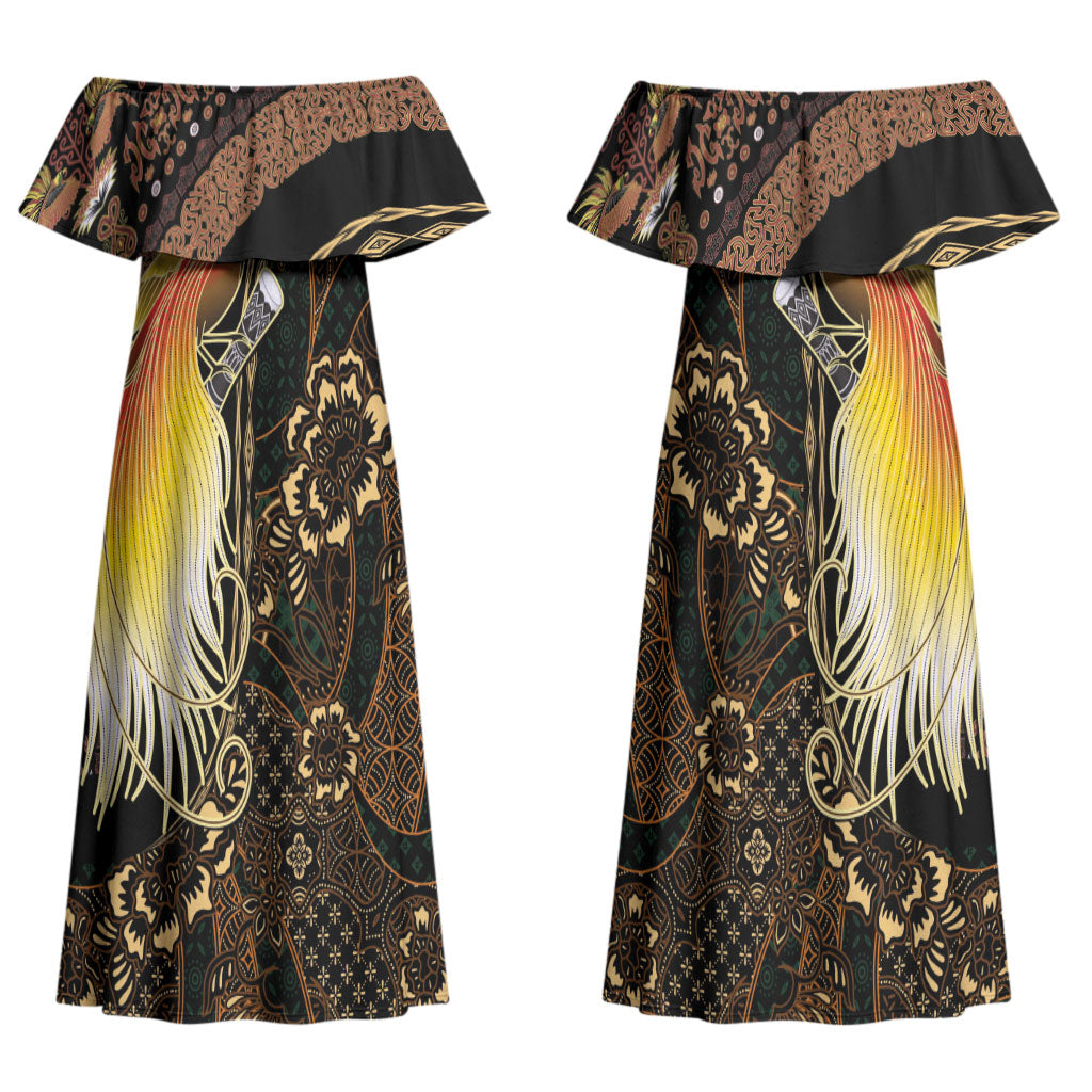 Papua New Guinea and Indonesia Batik Couples Matching Off Shoulder Maxi Dress and Long Sleeve Button Shirt Bird of Paradise with Tribal Batik Patterns LT03 - Polynesian Pride