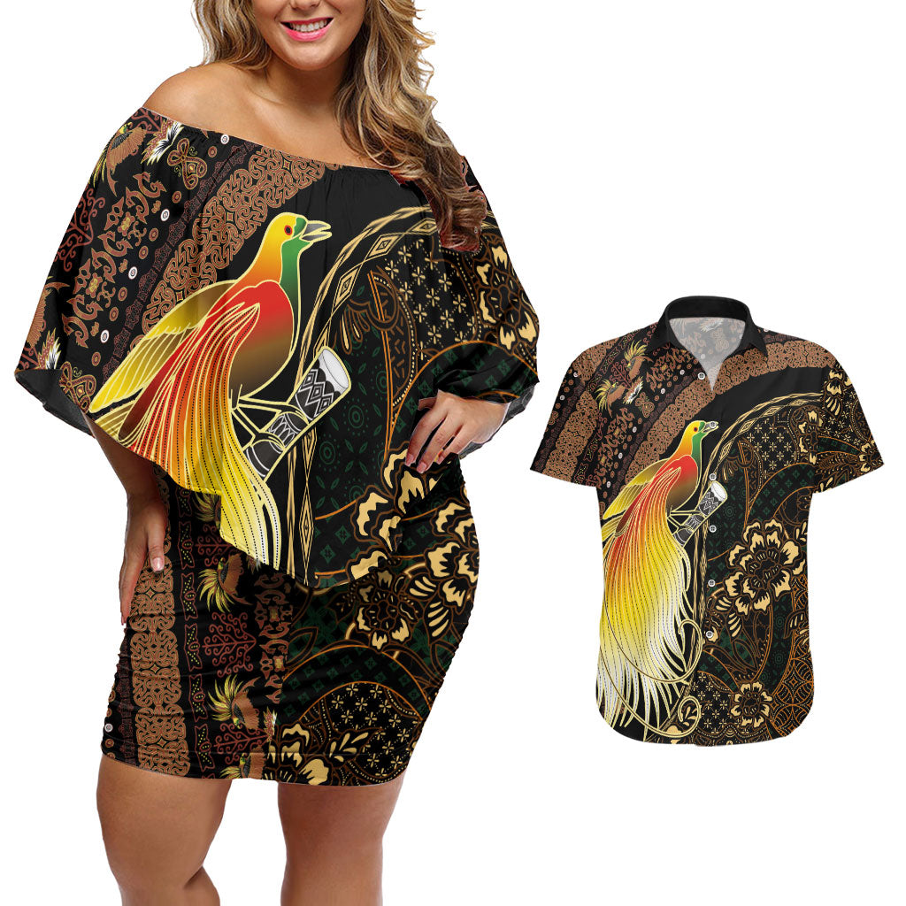 Papua New Guinea and Indonesia Batik Couples Matching Off Shoulder Short Dress and Hawaiian Shirt Bird of Paradise with Tribal Batik Patterns