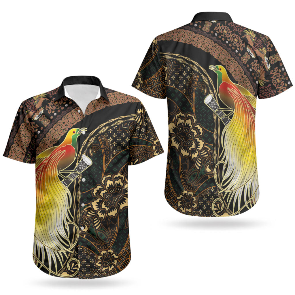 Papua New Guinea and Indonesia Batik Couples Matching Off Shoulder Short Dress and Hawaiian Shirt Bird of Paradise with Tribal Batik Patterns LT03 - Polynesian Pride