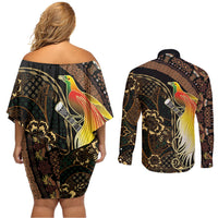 Papua New Guinea and Indonesia Batik Couples Matching Off Shoulder Short Dress and Long Sleeve Button Shirt Bird of Paradise with Tribal Batik Patterns