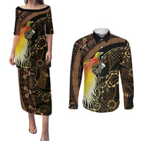 Papua New Guinea and Indonesia Batik Couples Matching Puletasi and Long Sleeve Button Shirt Bird of Paradise with Tribal Batik Patterns