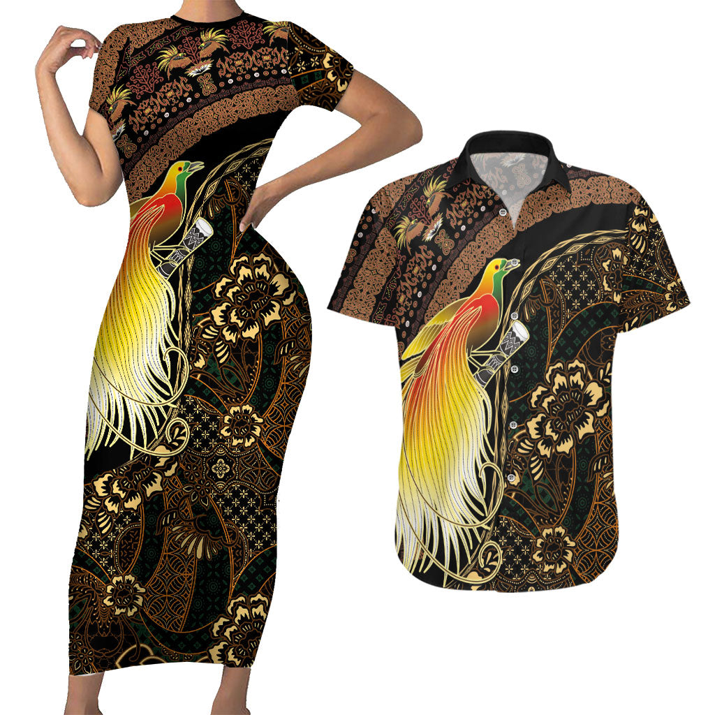 Papua New Guinea and Indonesia Batik Couples Matching Short Sleeve Bodycon Dress and Hawaiian Shirt Bird of Paradise with Tribal Batik Patterns