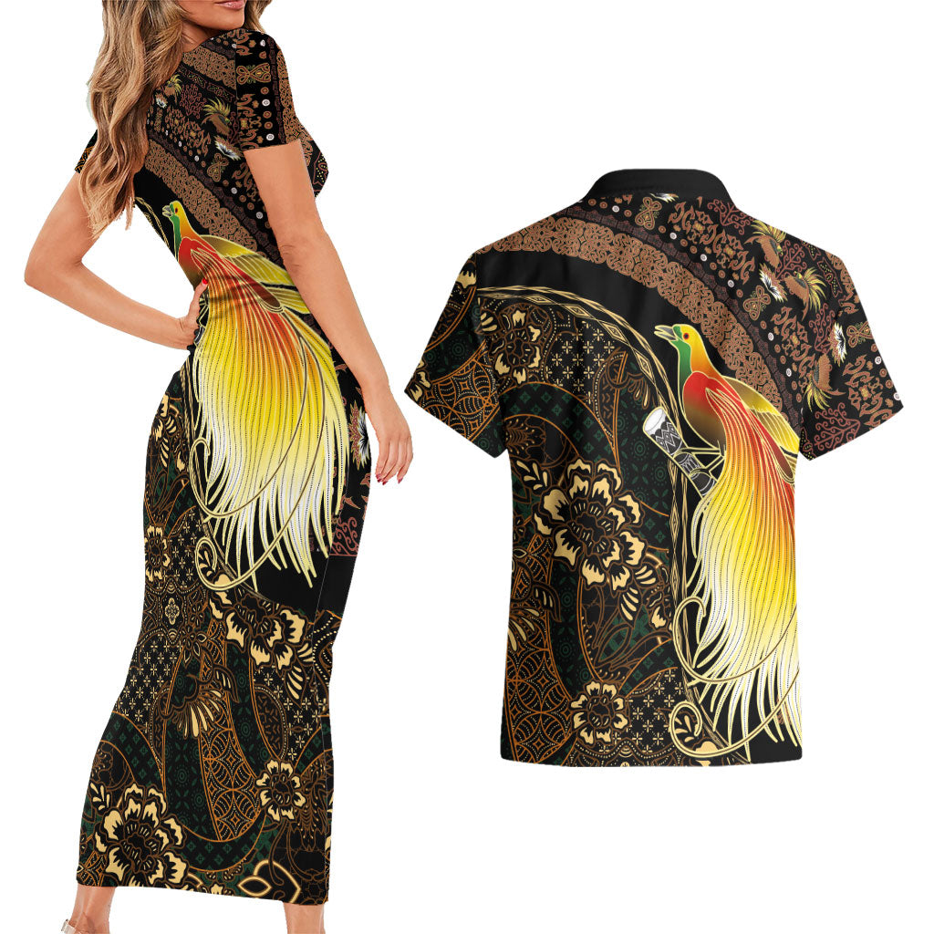 Papua New Guinea and Indonesia Batik Couples Matching Short Sleeve Bodycon Dress and Hawaiian Shirt Bird of Paradise with Tribal Batik Patterns