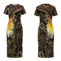 Papua New Guinea and Indonesia Batik Couples Matching Short Sleeve Bodycon Dress and Long Sleeve Button Shirt Bird of Paradise with Tribal Batik Patterns LT03 - Polynesian Pride