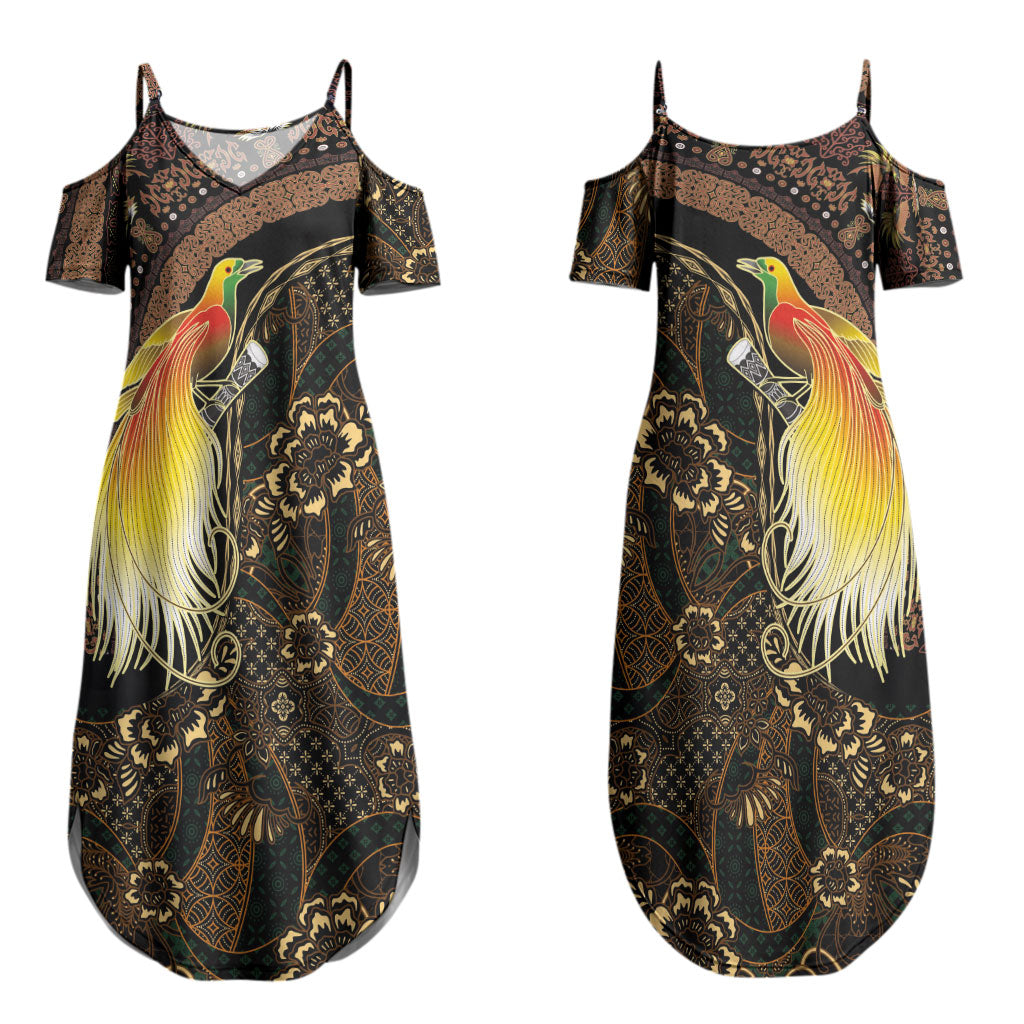 Papua New Guinea and Indonesia Batik Couples Matching Summer Maxi Dress and Long Sleeve Button Shirt Bird of Paradise with Tribal Batik Patterns LT03 - Polynesian Pride