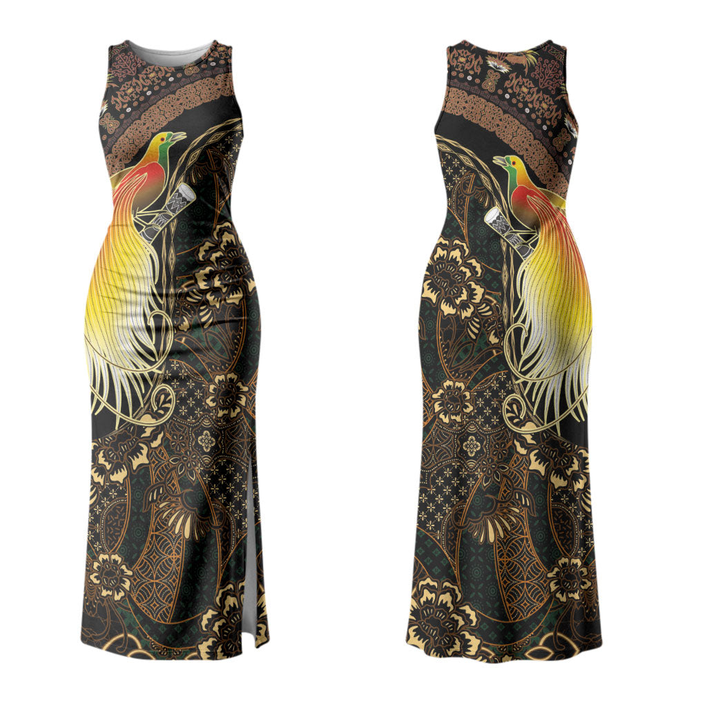 Papua New Guinea and Indonesia Batik Couples Matching Tank Maxi Dress and Long Sleeve Button Shirt Bird of Paradise with Tribal Batik Patterns LT03 - Polynesian Pride