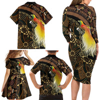Papua New Guinea and Indonesia Batik Family Matching Long Sleeve Bodycon Dress and Hawaiian Shirt Bird of Paradise with Tribal Batik Patterns