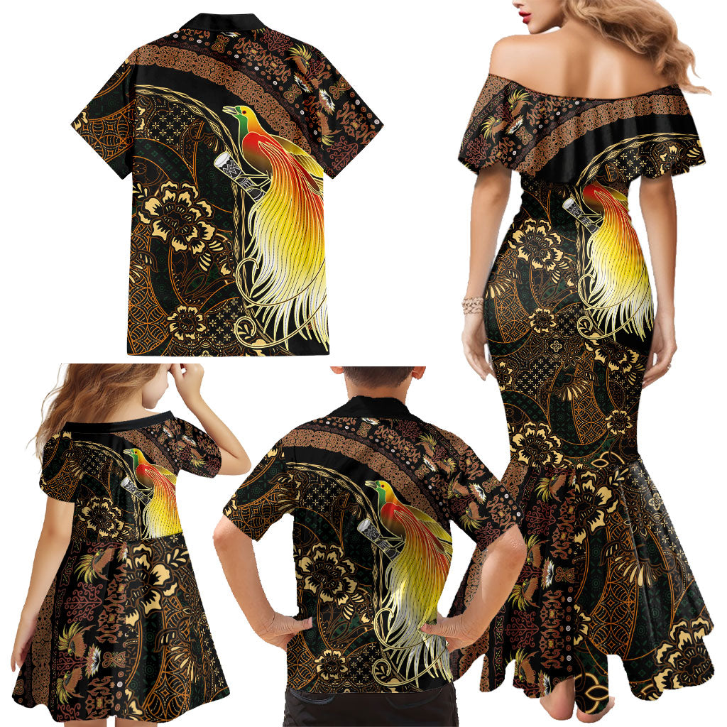 Papua New Guinea and Indonesia Batik Family Matching Mermaid Dress and Hawaiian Shirt Bird of Paradise with Tribal Batik Patterns