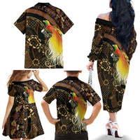 Papua New Guinea and Indonesia Batik Family Matching Off The Shoulder Long Sleeve Dress and Hawaiian Shirt Bird of Paradise with Tribal Batik Patterns