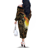 Papua New Guinea and Indonesia Batik Family Matching Off The Shoulder Long Sleeve Dress and Hawaiian Shirt Bird of Paradise with Tribal Batik Patterns