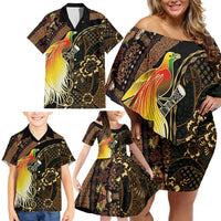 Papua New Guinea and Indonesia Batik Family Matching Off Shoulder Short Dress and Hawaiian Shirt Bird of Paradise with Tribal Batik Patterns