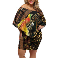 Papua New Guinea and Indonesia Batik Family Matching Off Shoulder Short Dress and Hawaiian Shirt Bird of Paradise with Tribal Batik Patterns