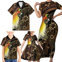 Papua New Guinea and Indonesia Batik Family Matching Short Sleeve Bodycon Dress and Hawaiian Shirt Bird of Paradise with Tribal Batik Patterns